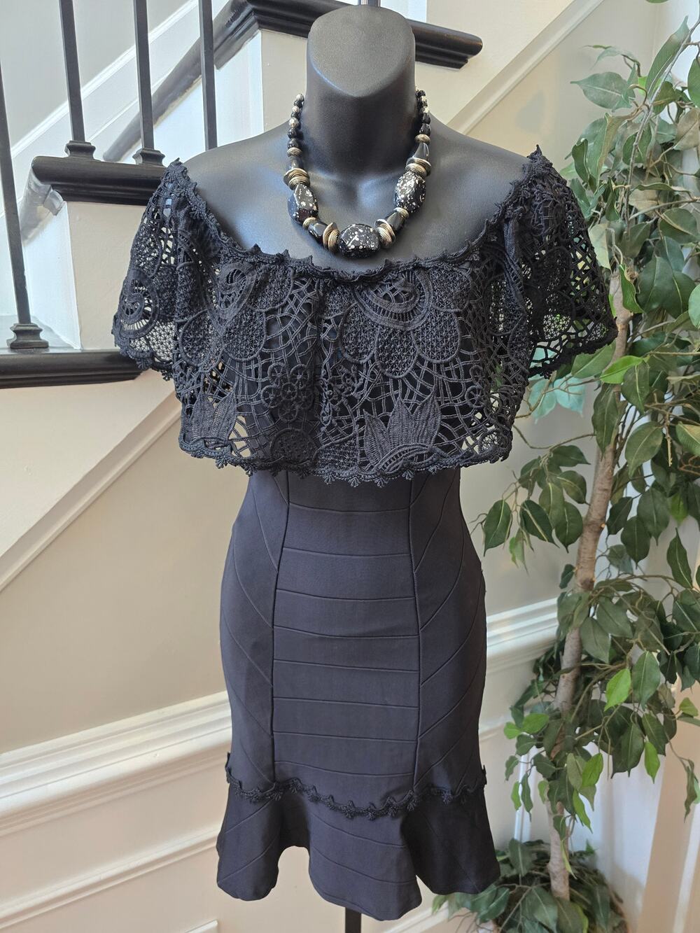 Kesses Bandage Dress Women's Chest Sz M Black Padded Crochet Lace Flounce Hem